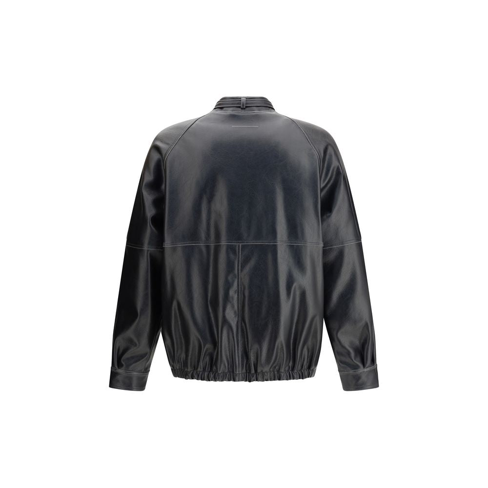 Rear view of MM6 Black Polyester Bomber with stand collar, elasticated hem and signature white stitch line, showcasing contemporary aviator style.