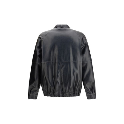 Rear view of MM6 Black Polyester Bomber with stand collar, elasticated hem and signature white stitch line, showcasing contemporary aviator style.