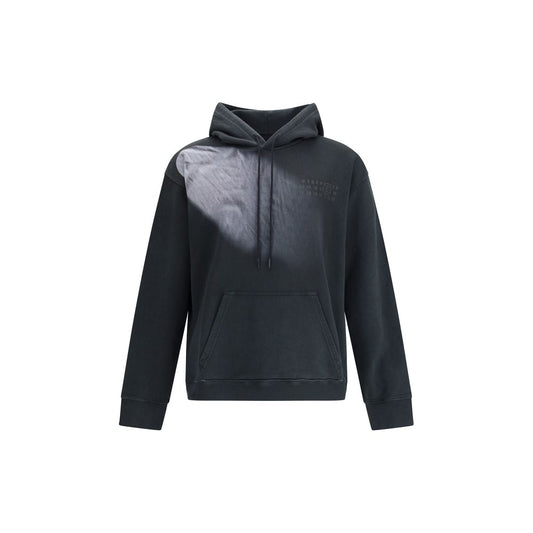 MM6 Black Cotton Sweatshirt with hood, featuring kangaroo pocket, relaxed shoulders, and stretch cuffs, ideal for casual and leisure wear.