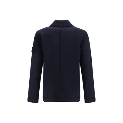 Back view of Stone Island Blue Fleece Wool Coat with distinctive badge on sleeve, showcasing its oversized fit and contemporary design.