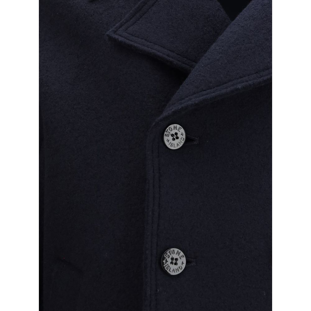 Stone Island Blue Fleece Wool Coat with snap-button closure and chest patch pockets, featuring the iconic Stone Island badge on sleeve.