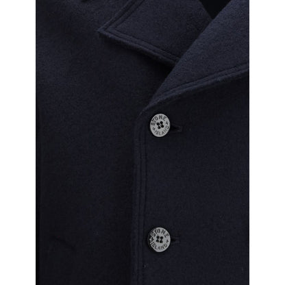 Stone Island Blue Fleece Wool Coat with snap-button closure and chest patch pockets, featuring the iconic Stone Island badge on sleeve.