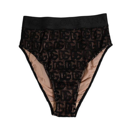 Dolce & Gabbana Black DG Logo Lace High Brief Panty Underwear with iconic lace design and elastic waistband.