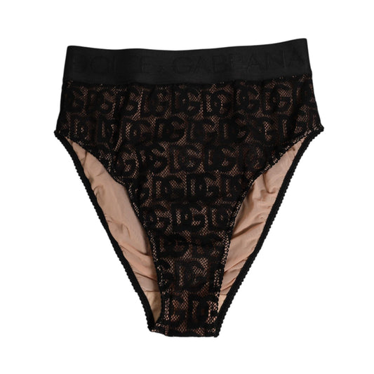 Dolce & Gabbana Black DG Logo Lace High Brief Panty Underwear in black lace with wide elastic waistband.