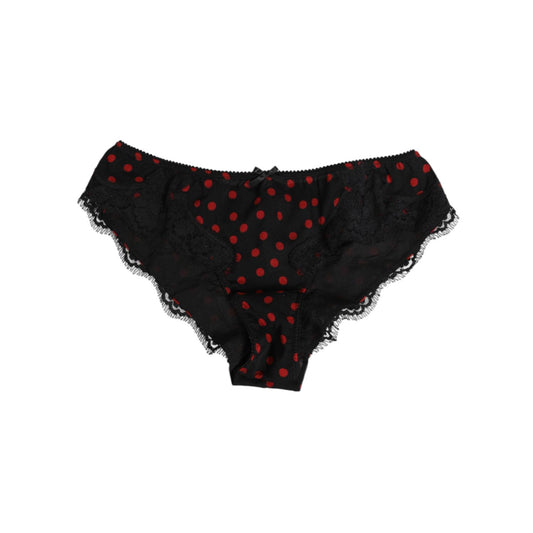 Dolce & Gabbana Black Polka Dotted Silk Low Waist Panty Underwear, luxurious Italian stretch silk with red dots and lace details.