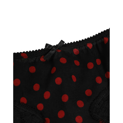 Dolce & Gabbana Black Polka Dotted Silk Low Waist Panty Underwear with red polka dots detail. Made in Italy. Luxury women's lingerie.