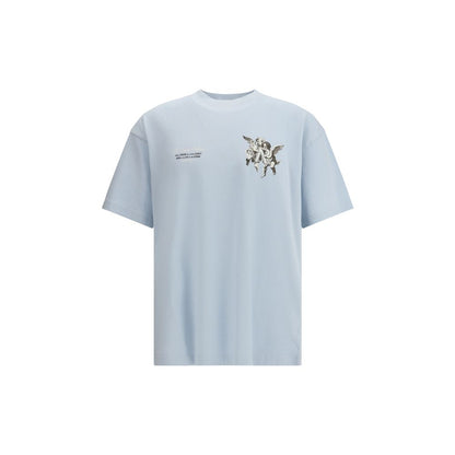 Represent Light Blue Cotton T-Shirt with cherub graphic and ribbed collar detail, featuring oversized fit and metal bar hem accent.