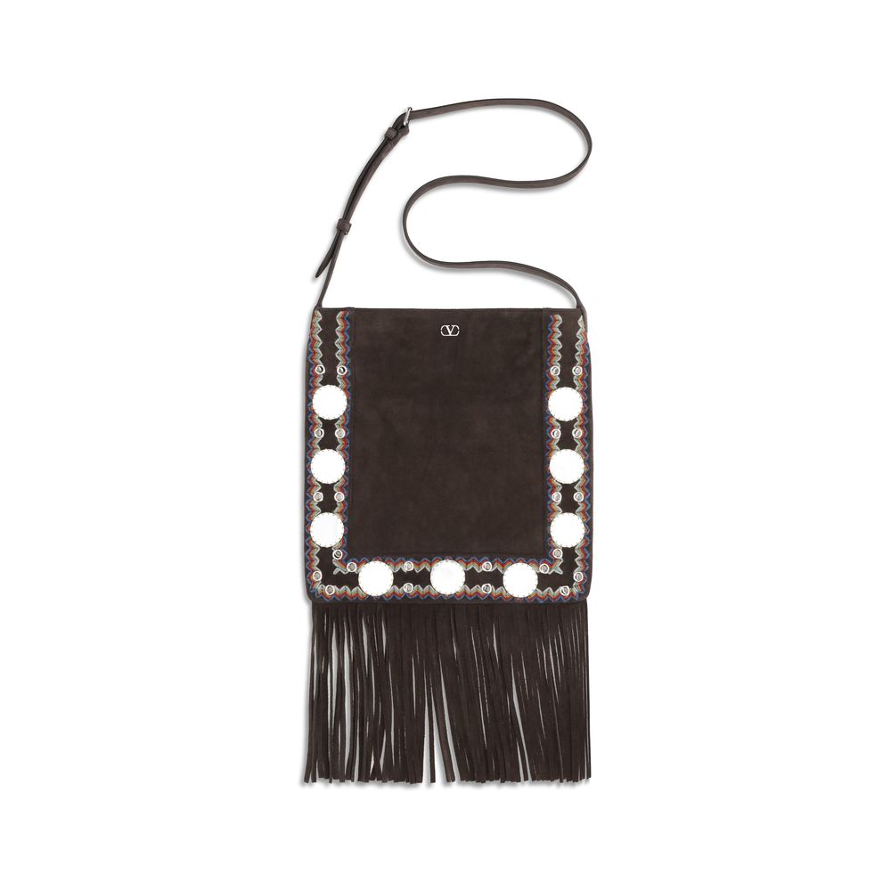 Valentino Garavani Brown Calf Leather Bos Taurus Shoulder Bag with suede, fringes, spherical studs, and an adjustable strap.