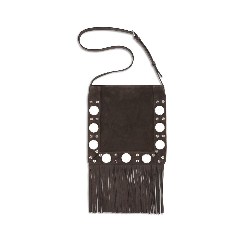 Valentino Garavani Brown Calf Leather Bos Taurus Shoulder Bag with suede, fringes, studs, rivets, adjustable strap, and palladium finish.