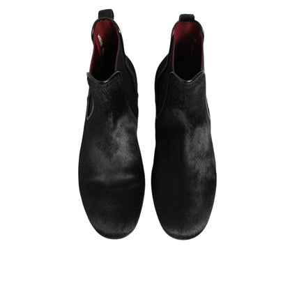 Dolce & Gabbana Black Leather Fur Men CHELSEA Boots Shoes