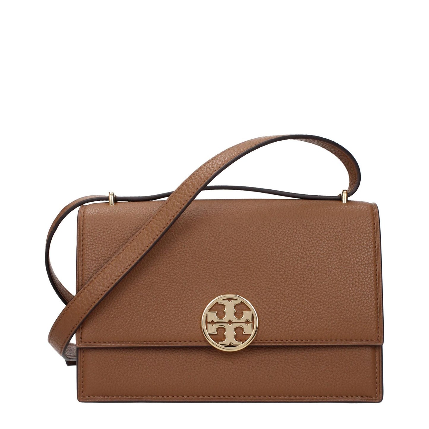 Tory Burch Brown Leather Crossbody Bag with front logo and adjustable strap, medium size, gold accents, button closure.