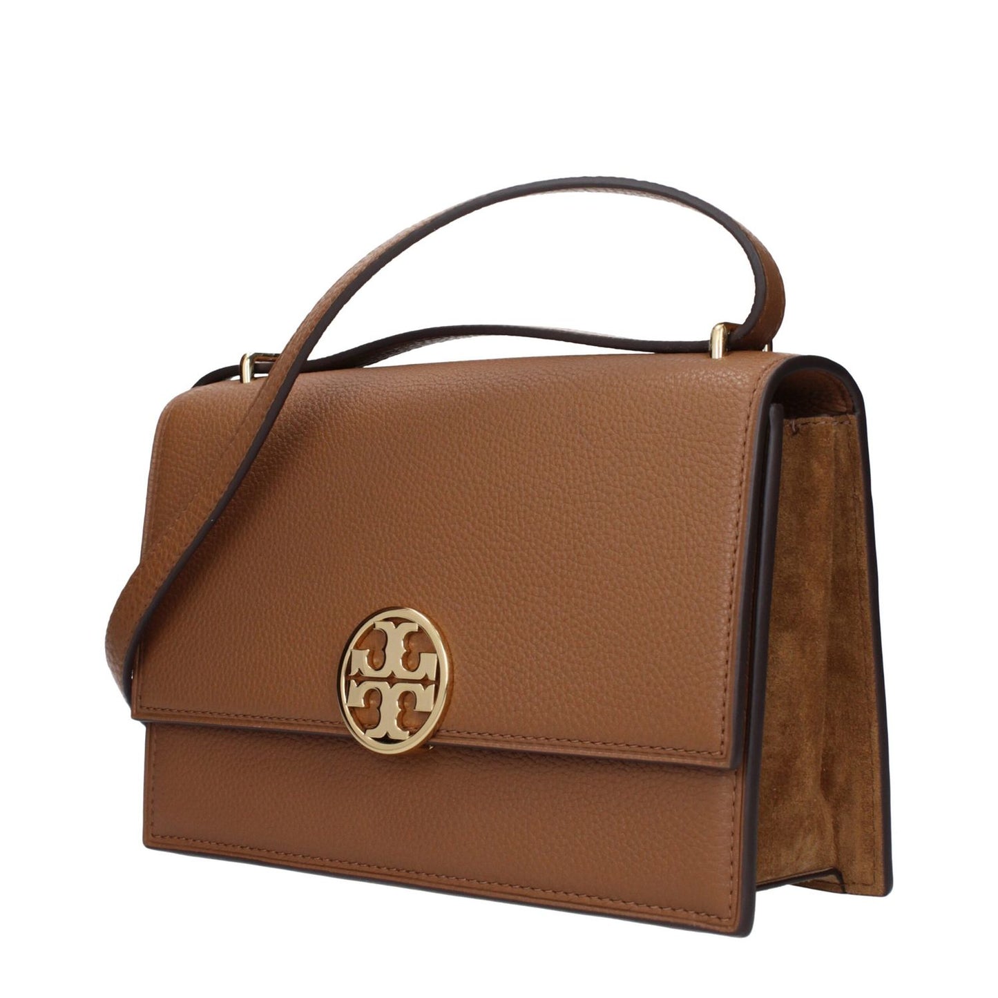 Tory Burch Brown Leather Crossbody Bag with gold logo and adjustable shoulder strap featuring button closure and multiple pockets.