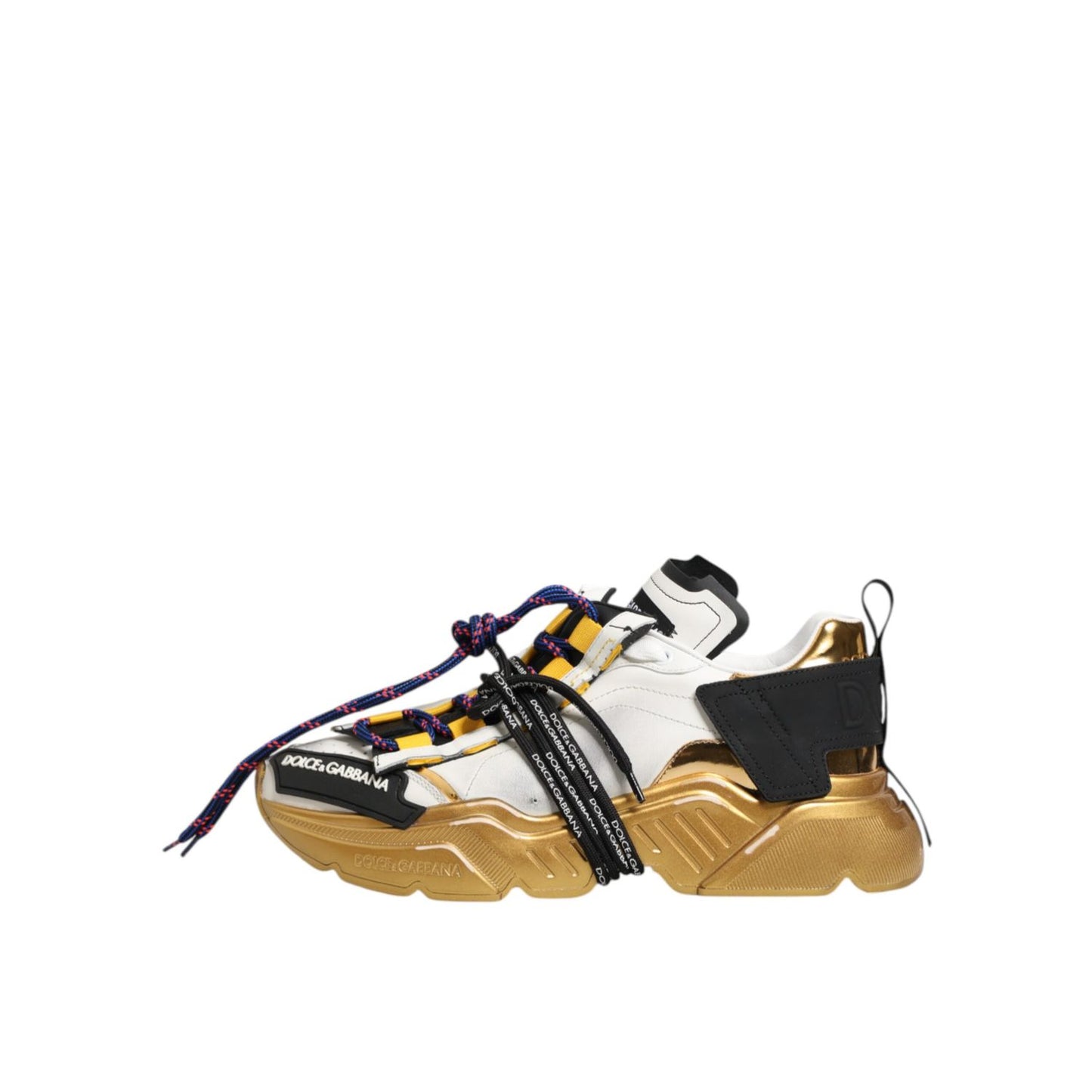 Dolce & Gabbana Multicolor Daymaster Low Top Sneakers Shoes with gold accents and chunky silhouette on white background.