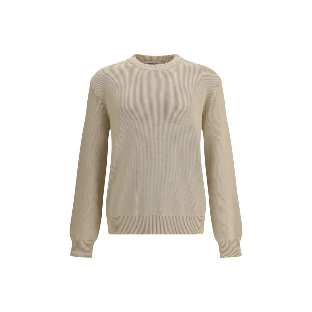 Golden Goose Beige Cotton Sweatshirt with crewneck, long sleeves, and ribbed-knit texture, featuring a printed logo on the back. AW25 Collection.