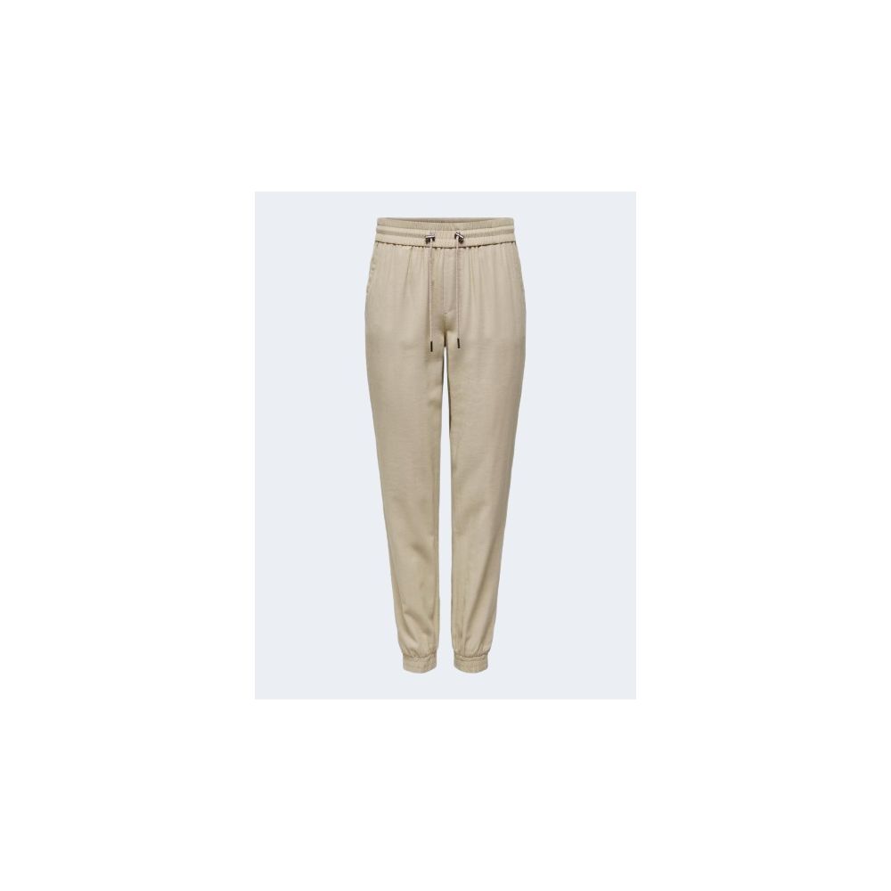 Only Beige Viscose Casual Pants with elastic cuffs and pull-up design for women, offering comfort and style in soft viscose fabric.