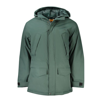 Timberland Green Polyester Men's Jacket with hood, buttons, zippers, and four pockets for outdoor wear.