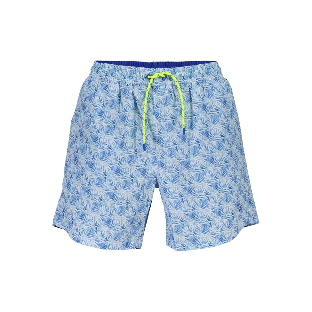North Sails Blue Polyester Swimwear, patterned swim boxer with elastic waist, lace tie, interior slip, two pockets, and rear logo pocket