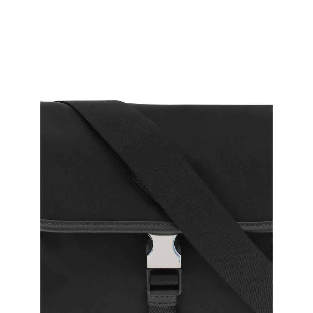 Close-up of Prada Black Recycled Polyamide Shoulder Bag with adjustable strap and flap closure