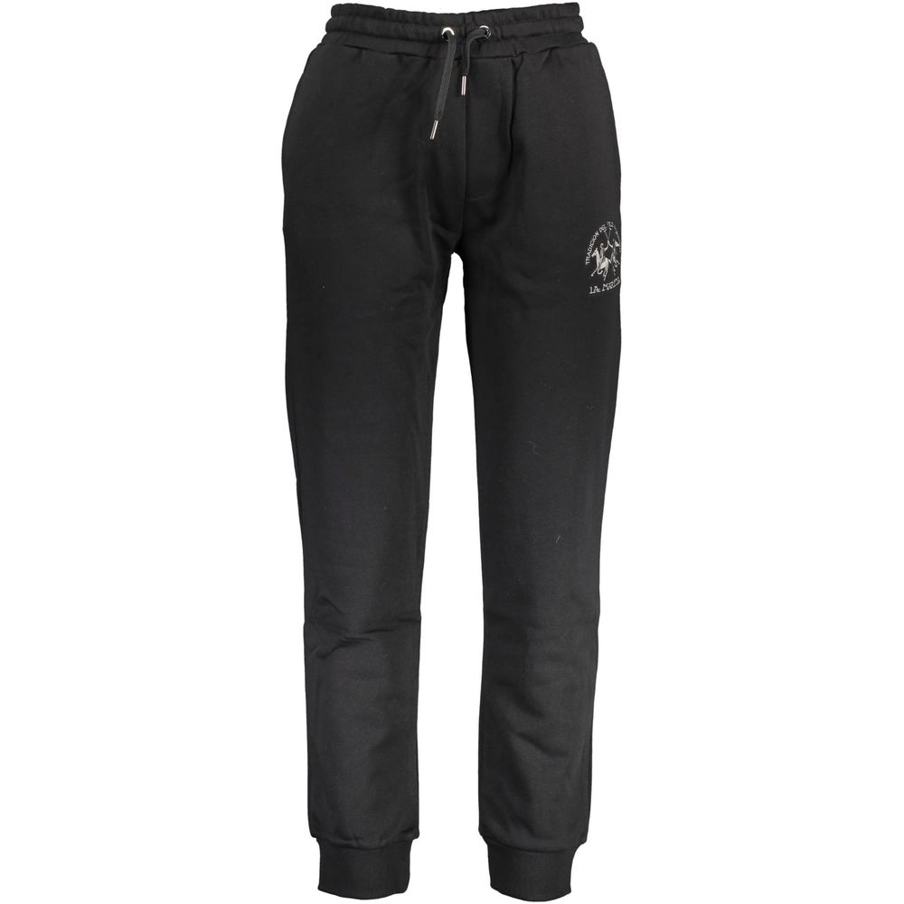 La Martina Black Cotton Pant with elastic waist, ankle cuffs, front and back pockets, featuring logo and embroidery.