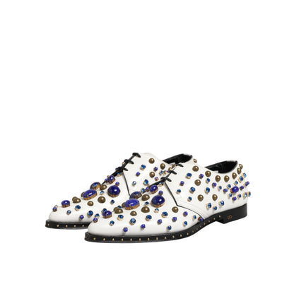 Dolce & Gabbana White Leather Crystals Embellished Dress Shoes