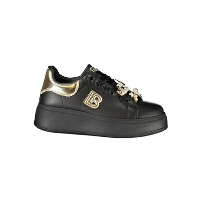 Laura Biagiotti Black Polyester Women Sneaker with gold details and 4 cm platform, stylish footwear for urban adventures.
