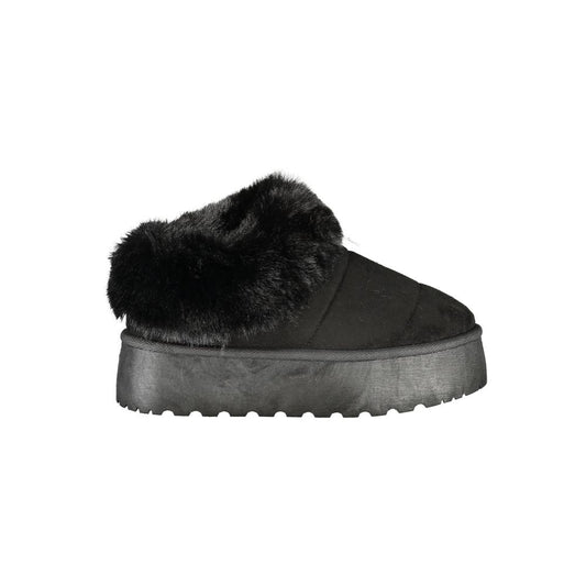Laura Biagiotti Black Polyester Women Sneaker with fur detail and wedge heel, showcasing luxury and sporty-chic style.