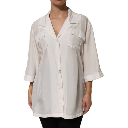 Dolce & Gabbana Off White Silk Button Down Polo Shirt Top