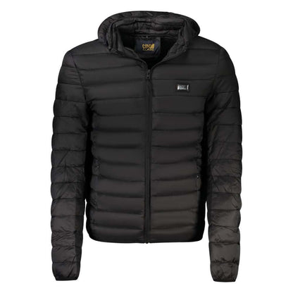 Cavalli Class Black Polyester Men Jacket with removable hood and zip closure, featuring external and internal pockets.