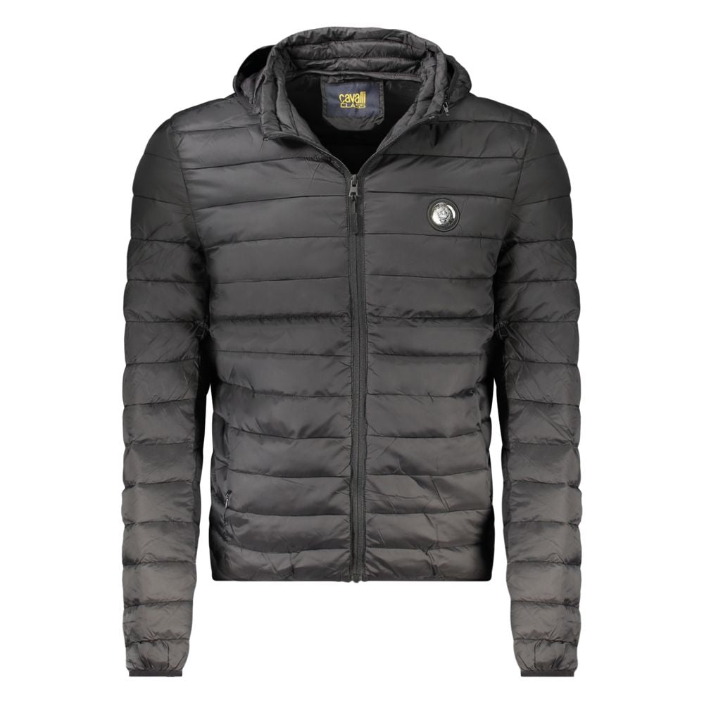 Cavalli Class Black Polyester Men Jacket with hood and pockets, sophisticated modern design.