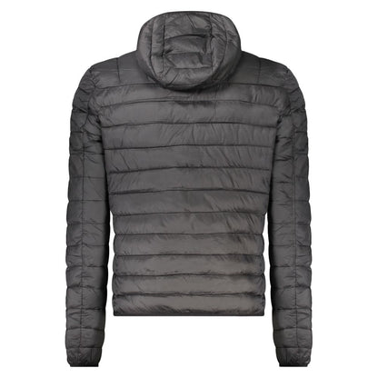 Cavalli Class Black Polyester Men Jacket with hood and pocket space, viewed from the back, showcasing sleek and modern design.