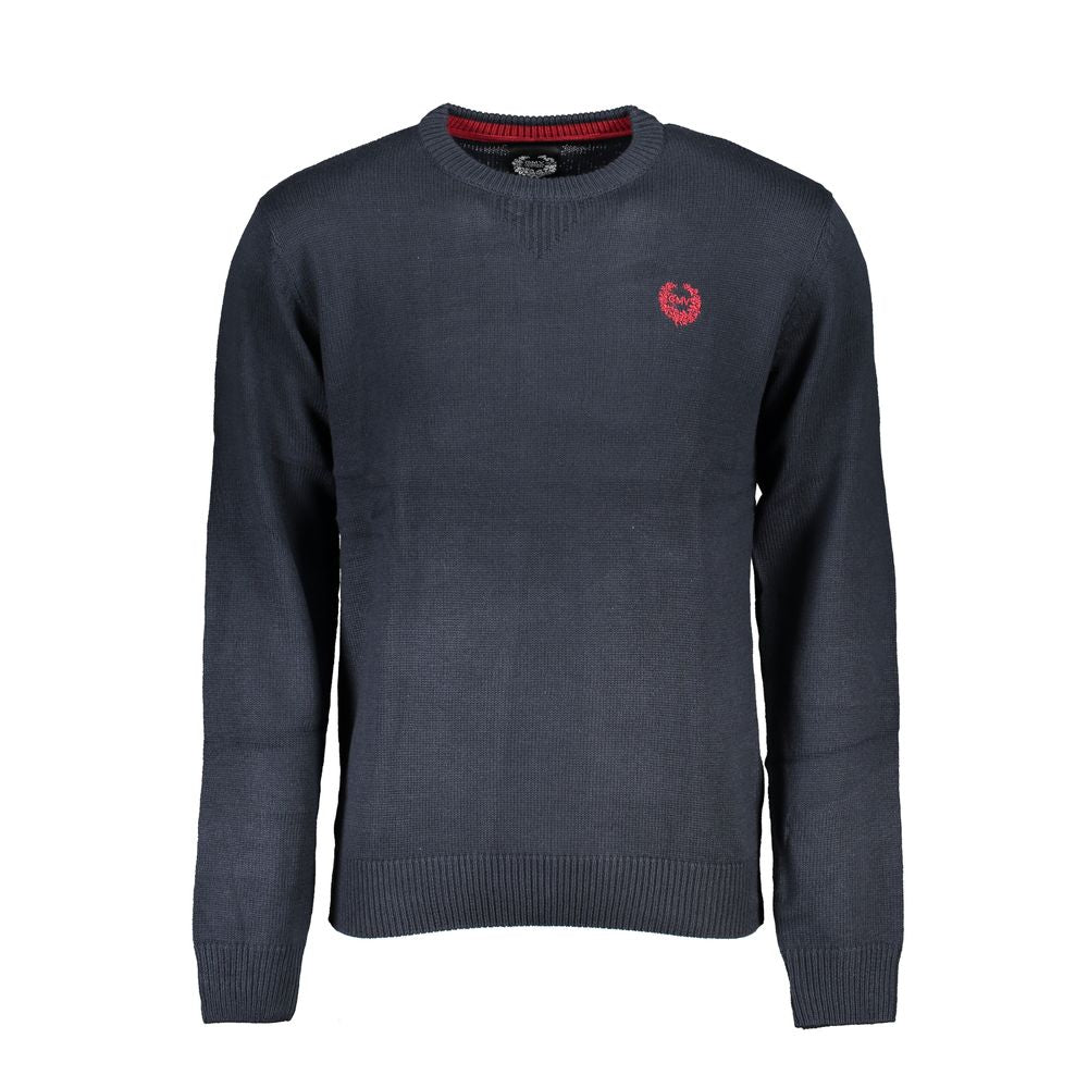 Gianmarco Venturi Blue Cotton Sweater with long sleeves, crew neck, and embroidery logo detail.