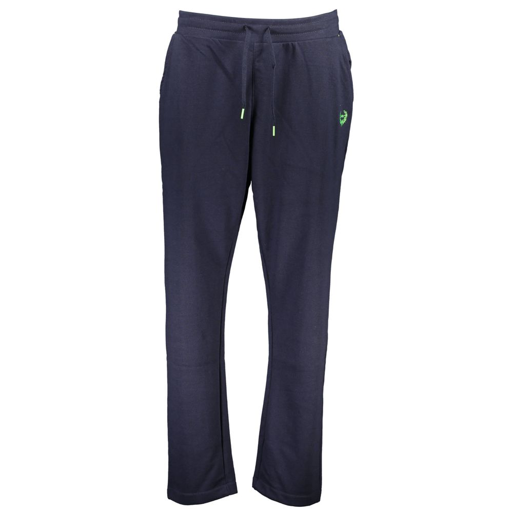 Gianmarco Venturi Blue Cotton Pant with elastic waist, laces, 3 pockets, contrasting details, embroidery, and logo features.