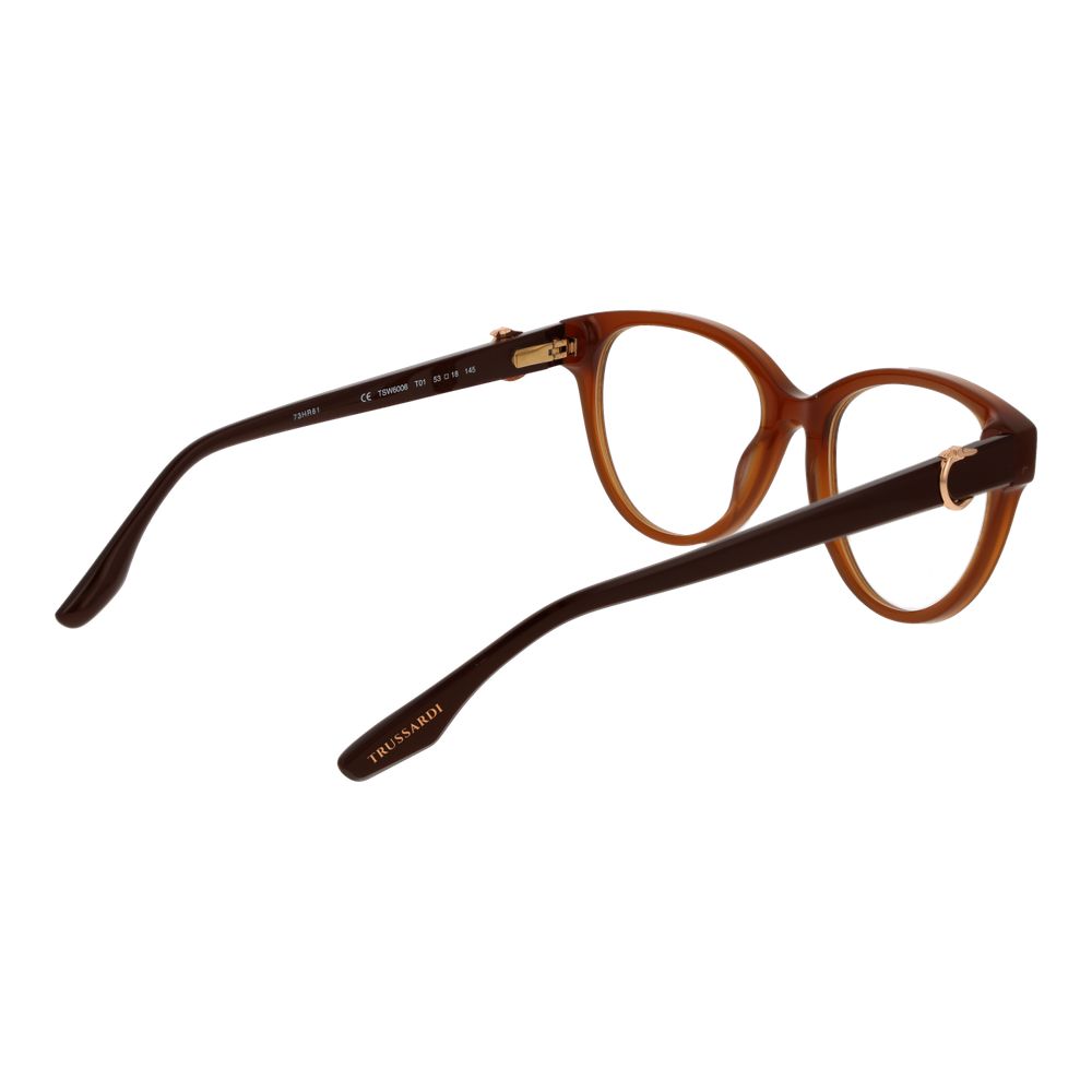 Trussardi Brown Acetate Glasses (Frames) for women, full-rim butterfly style, spring hinge, 53-18-145 size with demo lenses.