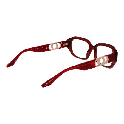 Trussardi Red Acetate Glasses (Frames) for women, full-rim, rectangular style with 52-17-145 size, demo plastic lenses, no protection filter.