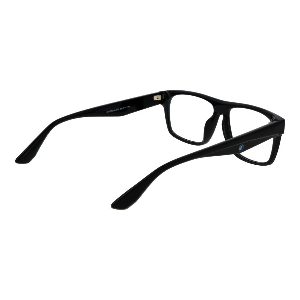 BMW Black Plastic Glasses Frames, men's black full-rim rectangle style with demo plastic lenses.