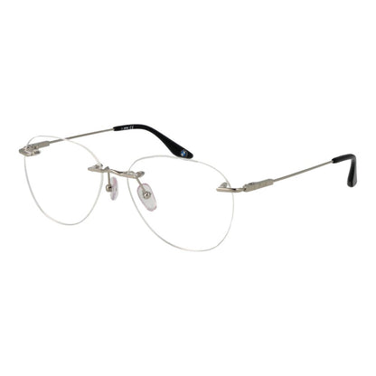 BMW Silver Titanium Glasses (Frames) for men, bottom-rim style with demo lenses, frame width 135mm, includes branded case.