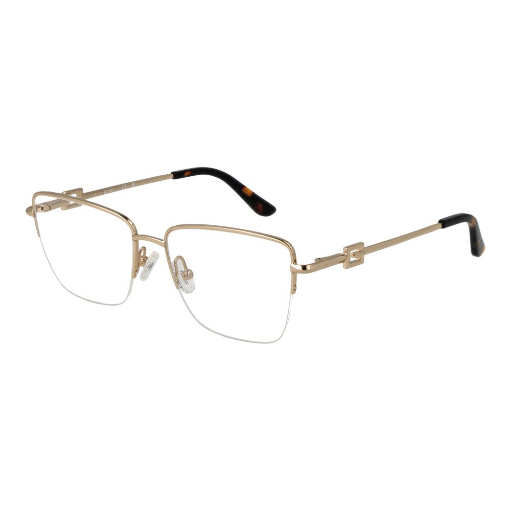 Guess Gold Metal Glasses (Frames) for women with half-rim rectangle style, gold metal frame, demo lenses, spring hinge, 53mm width.