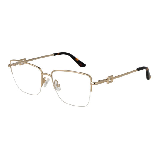 Guess Gold Metal Glasses (Frames) for women with half-rim rectangle style, gold metal frame, demo lenses, spring hinge, 53mm width.