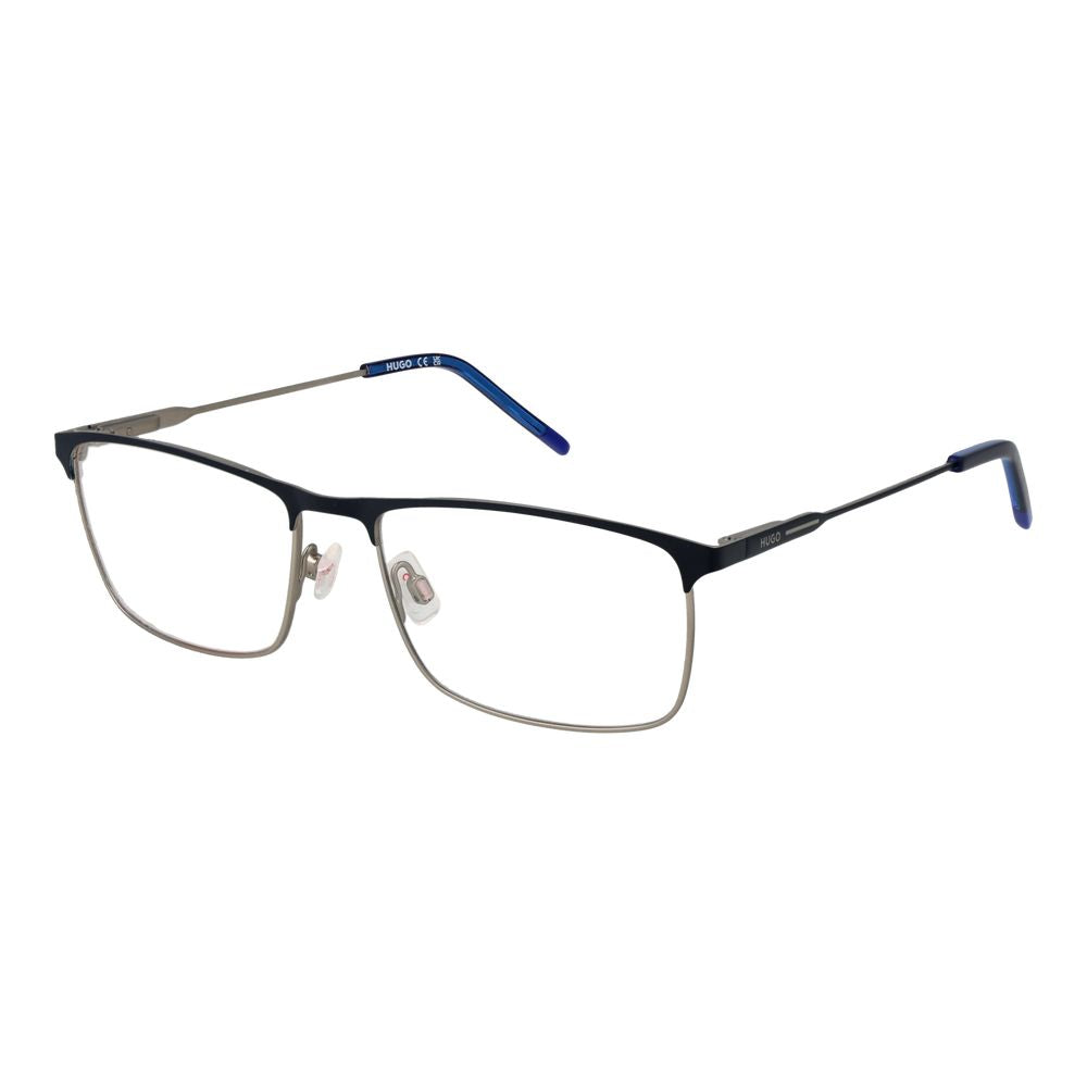 Hugo Boss Blue Stainless Steel Glasses (Frames) for men, full-rim browline style, blue frame with plastic demo lenses.