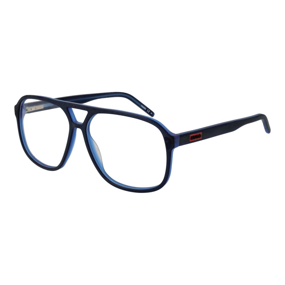 Hugo Boss Blue Acetate Glasses (Frames) for men, aviator style with full-rim, blue frame, acetate material, and demo plastic lenses.