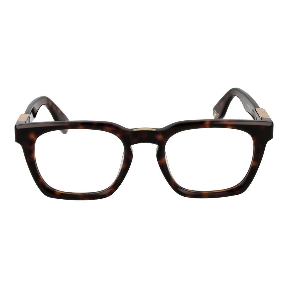 Police Brown Cellulose Acetate Glasses (Frames) with full-rim square shape, 53mm lens width; includes branded case, demo plastic lenses.