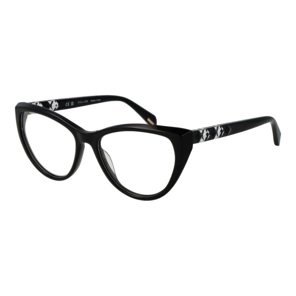 Police Black Plastic Glasses (Frames) for women, full-rim cat eye style, black plastic frame, demo lenses, 53-16-140 dimensions.