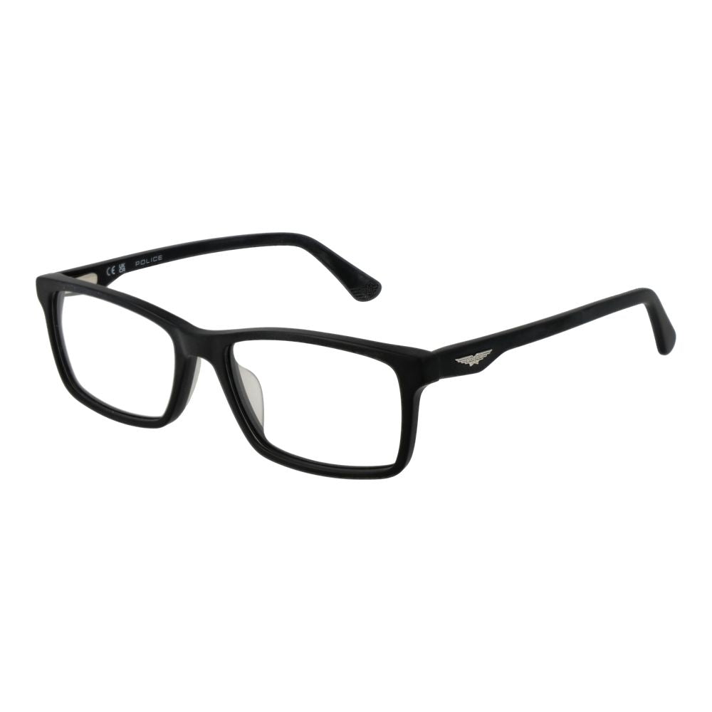 Police Black Cellulose Acetate Glasses (Frames) for men, full-rim rectangle style with demo lenses, black color, 54mm width.