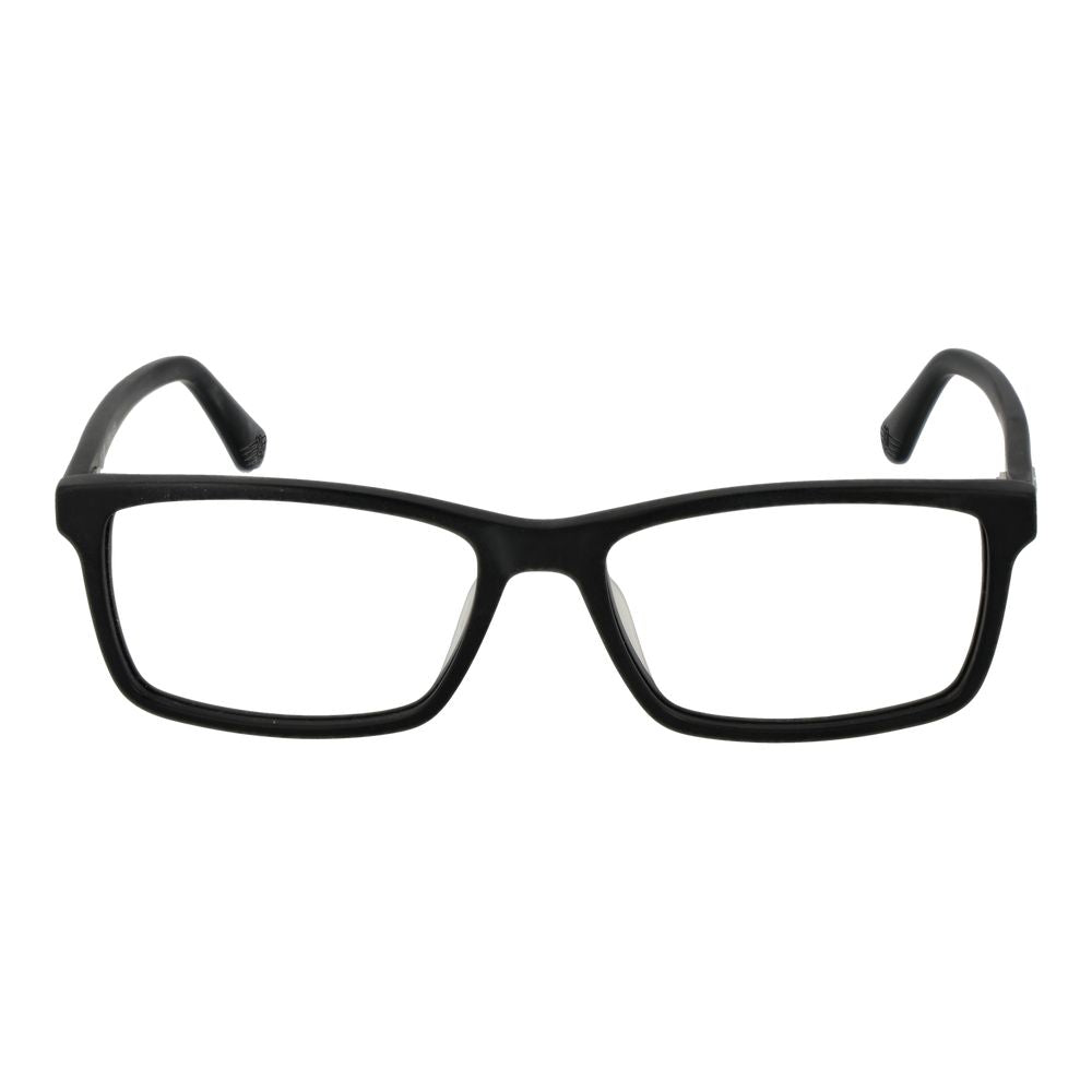 Police Black Cellulose Acetate Glasses (Frames) with full-rim rectangle design for men, featuring black frame and demo lenses.