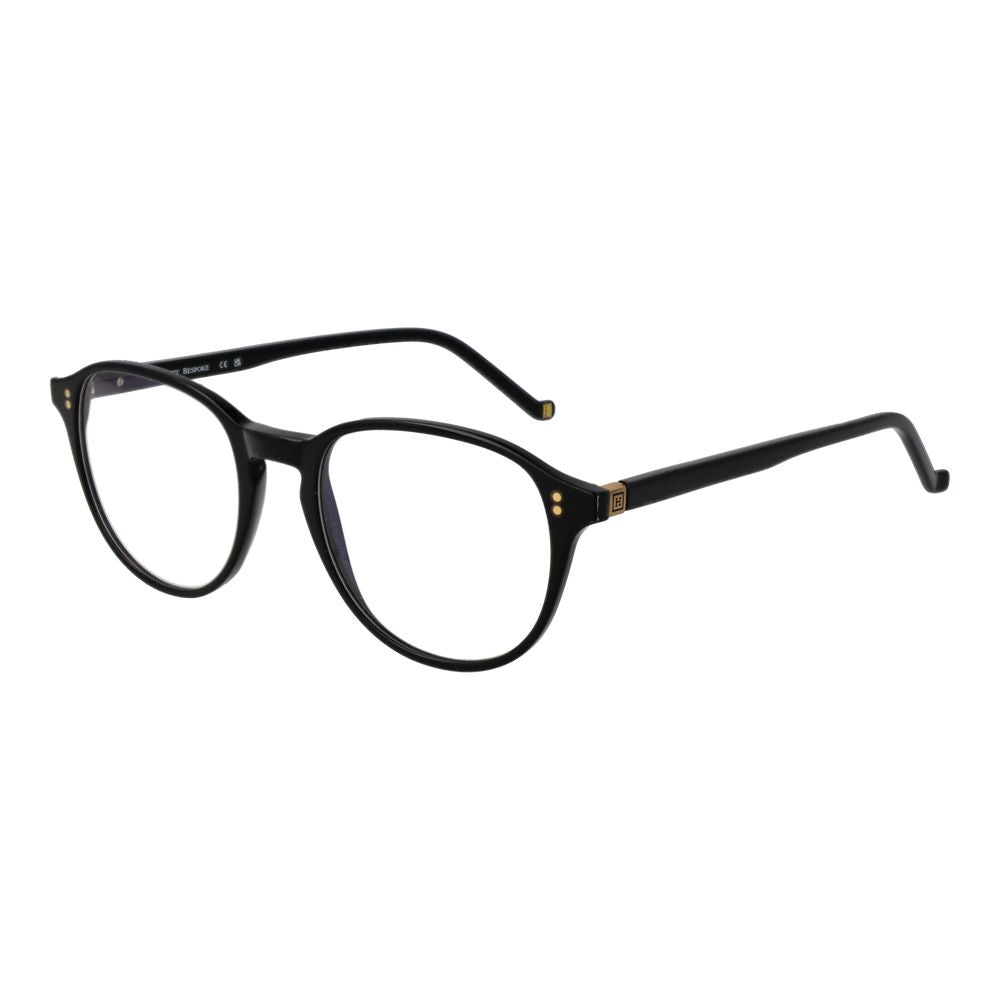 Hackett Black Acetate Glasses (Frames) for men with full-rim black acetate frame and demo lenses, showcasing a sleek panto style.