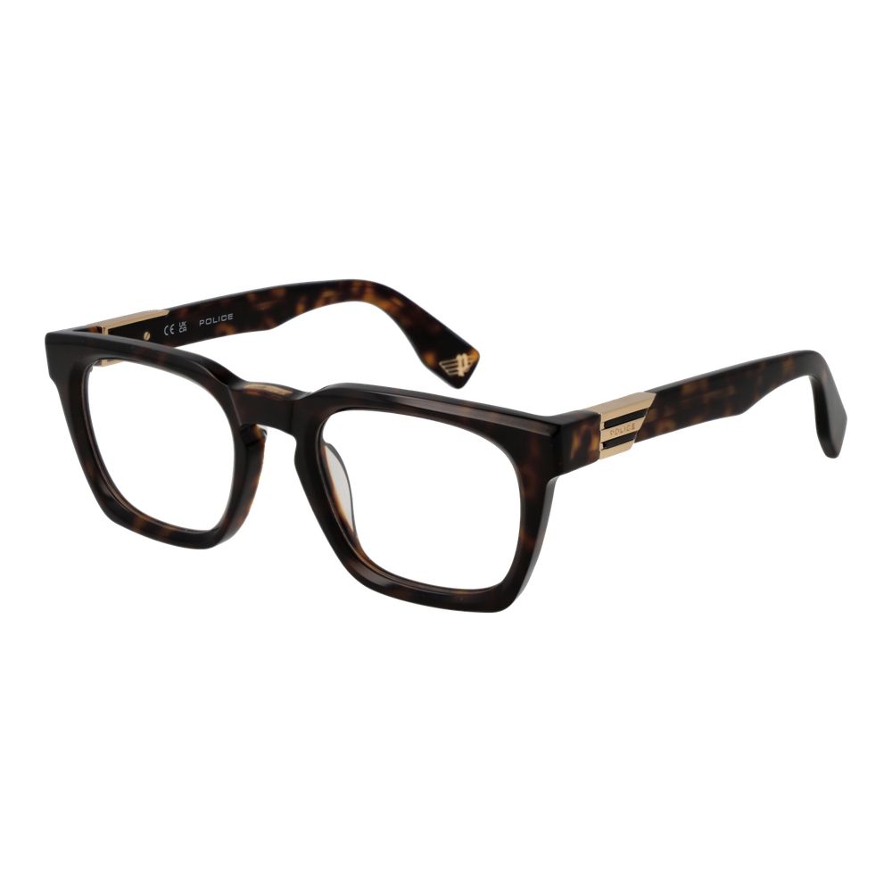 Police Brown Cellulose Acetate Glasses (Frames) for men in full-rim square style with demo lenses, size 51-22-145.