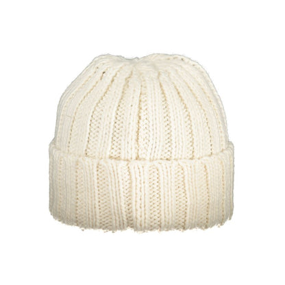 Knitted white beanie cap on a plain background.