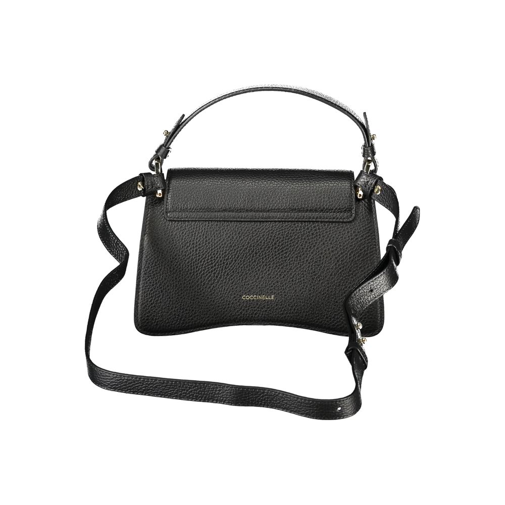 Coccinelle Black Leather Handbag with 1 handle, adjustable strap, featuring 2 internal pockets and snap closure