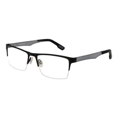 Spy Black Plastic Glasses (Frames) with unisex half-rim black frame, demo lenses, and spring hinge for comfortable wear.