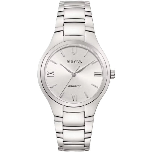 BULOVA Mod. CLASSIC wristwatch, lady's automatic with stainless steel case and strap, 34mm, water-resistant 3 ATM, in official box.